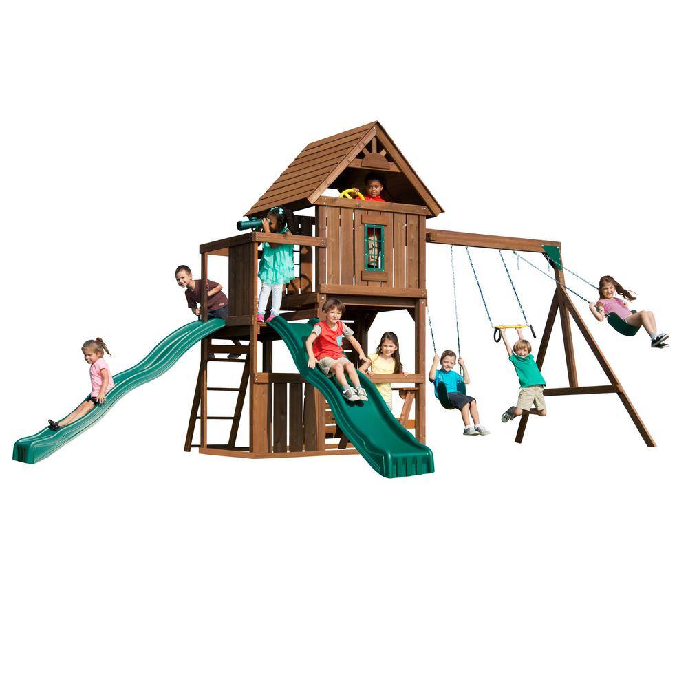 Swing-N-Slide Playsets Monteagle Complete Wooden Outdoor Playset with 2 Slides Rock Wall Swings and Backyard Swing Set Accessories WS 8344