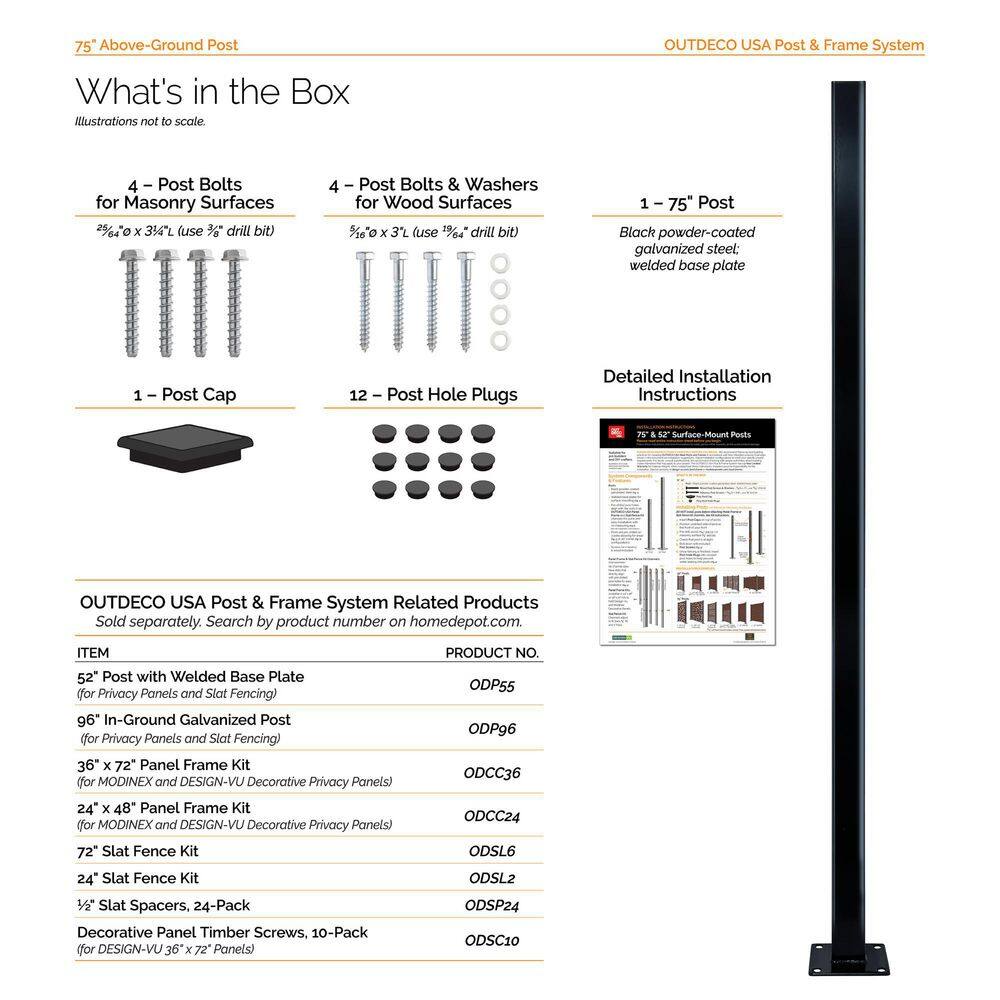 OUTDECO 75 in. x 2 in. x 2in. Black Galvanized Steel Fence Post and Welded Base Plate (Privacy Panels and Slat Fence Installs) ODP75