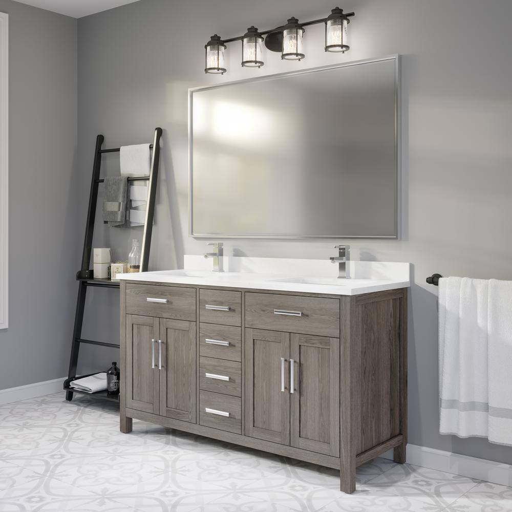 ART BATHE Kali 60 in. W x 22 in. D Bath Vanity in Gray ENGRD Stone Vanity Top in White with White Basin Power Bar and Organizer KA60FG