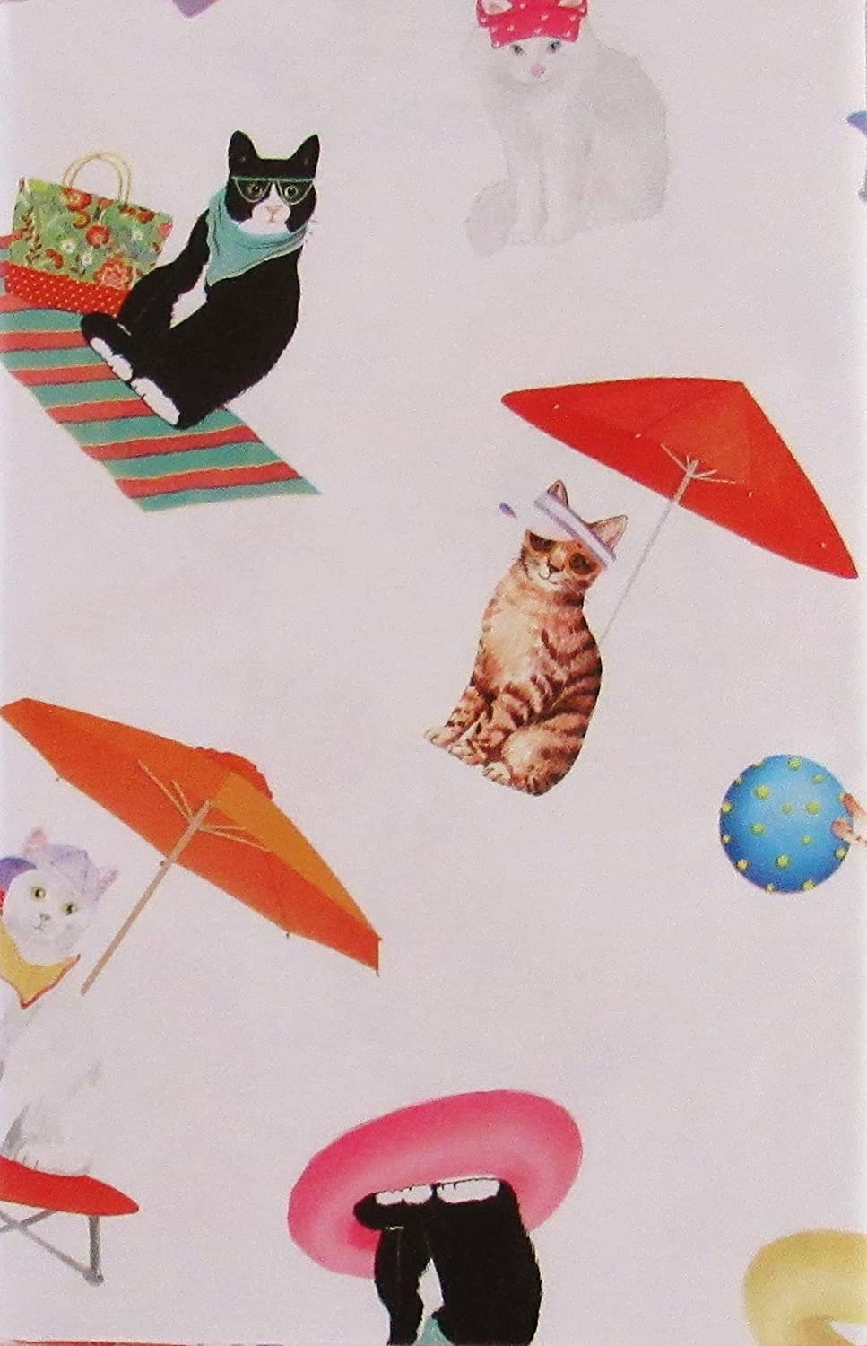 Summer Fun Beach Cats Vinyl Flannel Back Tablecloth: Silly Cats Decked Out Having Fun at the Beach with Umbrellas Beach Balls and Relaxation 60" inch Diameter Round