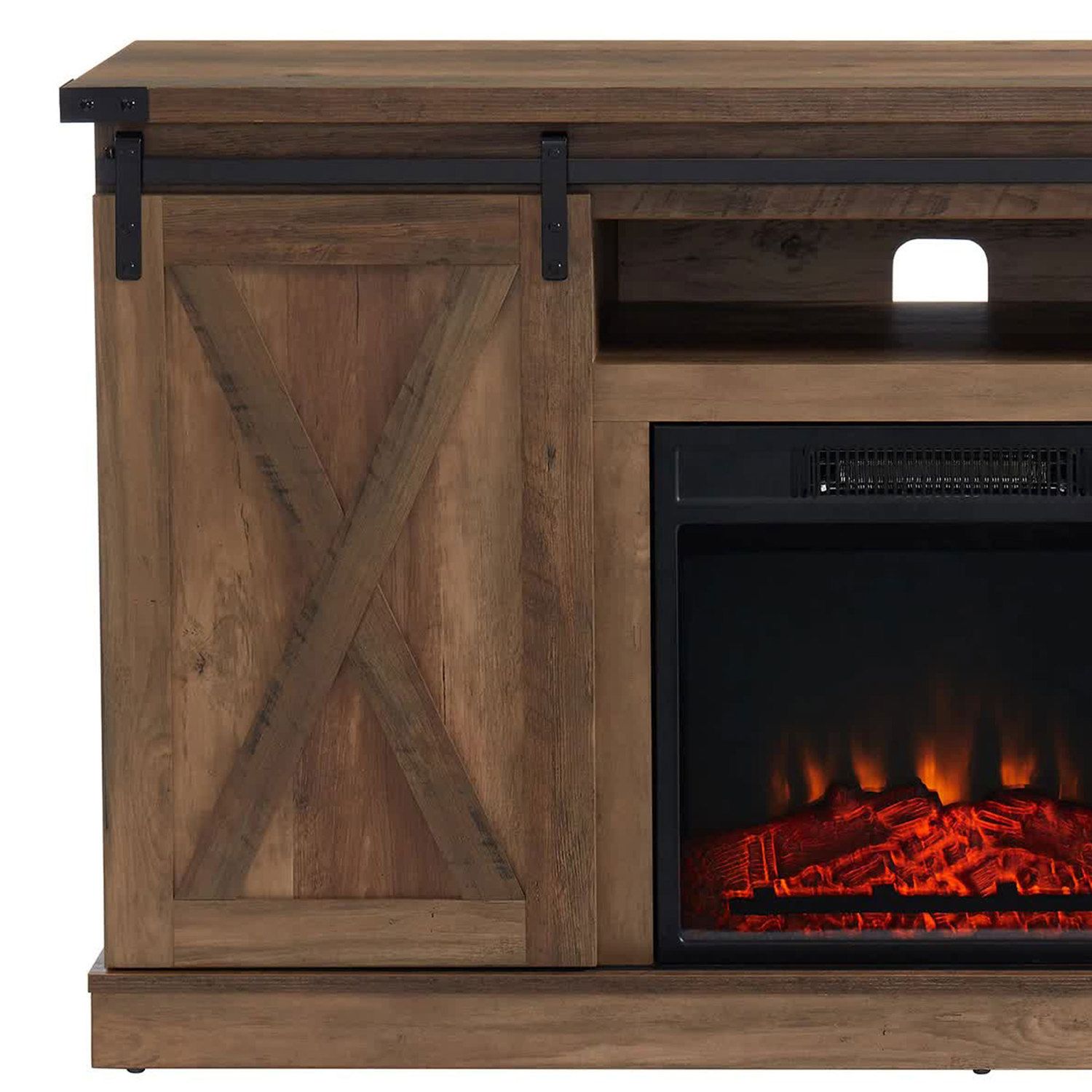 Edyo Living Electric Fireplace TV Stand Table with Sliding Barn Door， Rustic Oak