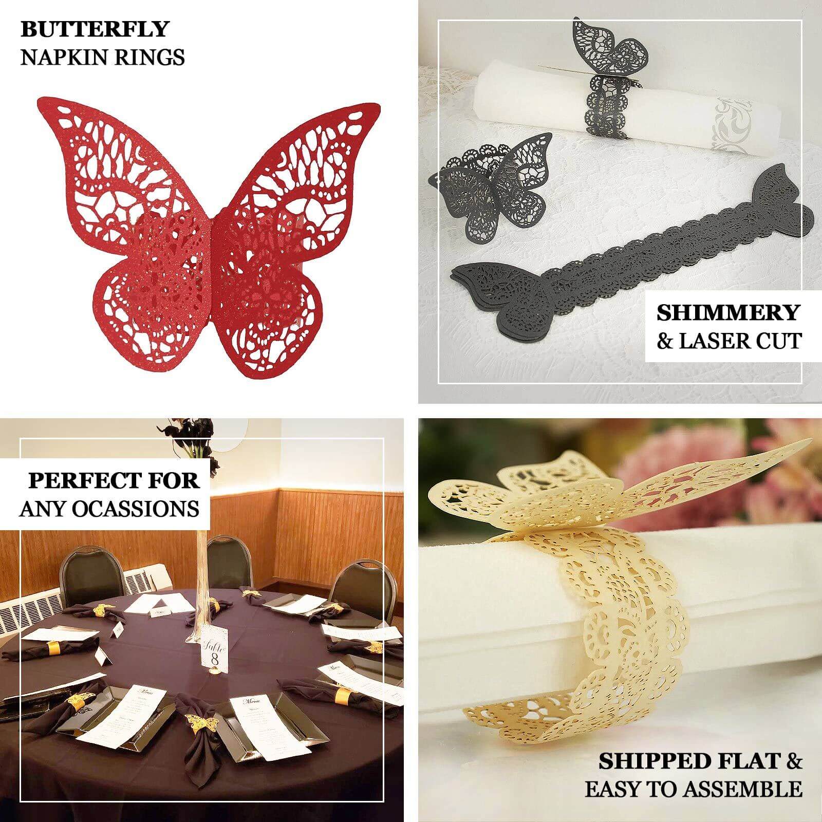 12 Pack Metallic Gold Foil Laser Cut Butterfly Paper Napkin Rings, Chair Sash Bows, Serviette Holders