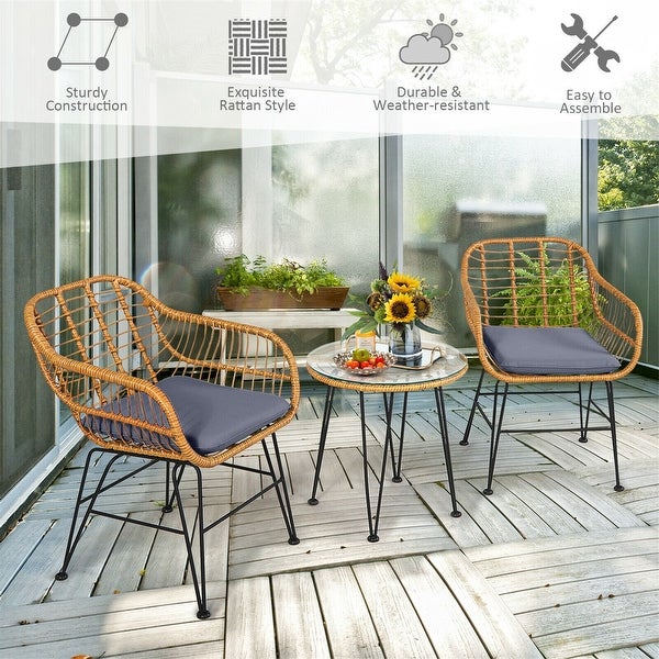 3-Piece Rattan Furniture Set with Cushioned Chair Table - Overstock - 37500642