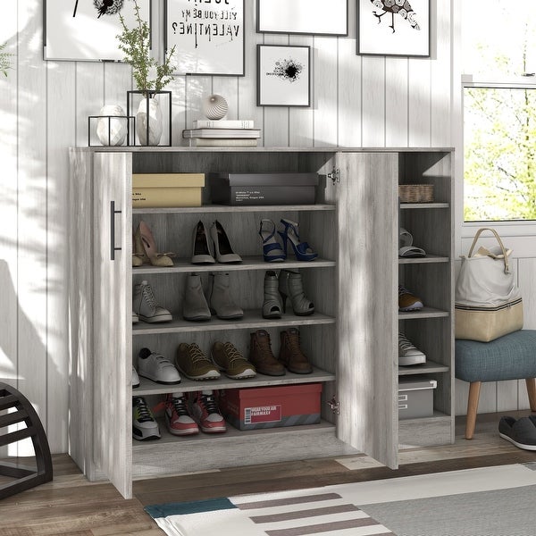 DH BASIC Farmhouse Vintage Grey Oak Shoe Storage Cabinet by Denhour - - 33897207