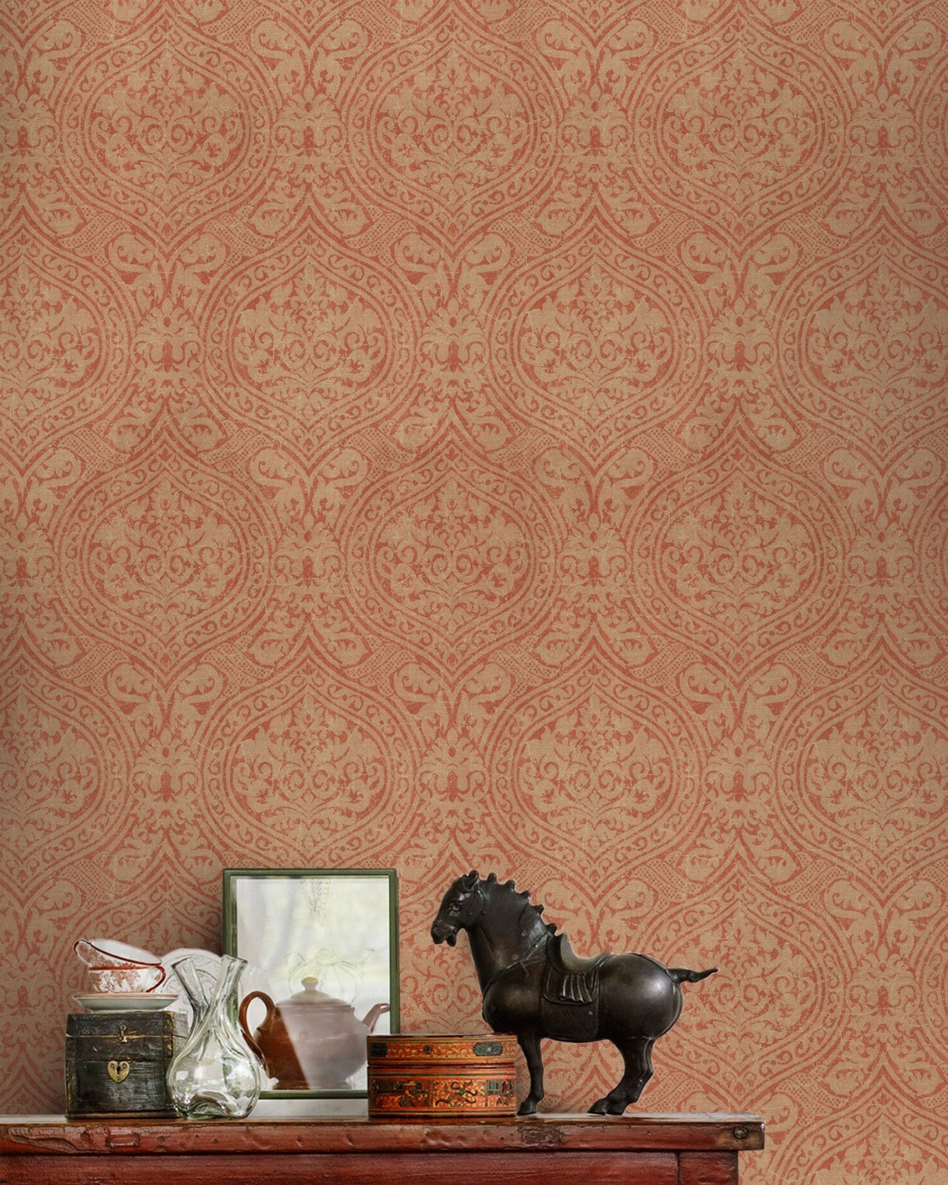 Damask Wallpaper in Beige and Red from the Eclectic Collection