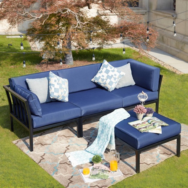 Patio Festival 4pc Steel Outdoor Patio Sectional Sofa With Cushions Furniture Set Blue