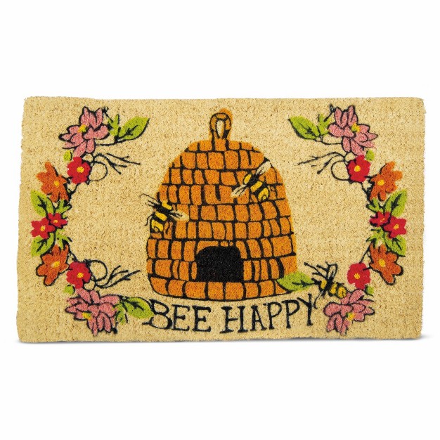 Bee Happy Sentiment Bee Hive Rectangle Indoor And Outdoor Coir Door Welcome Mat Multicolored On Beige Background