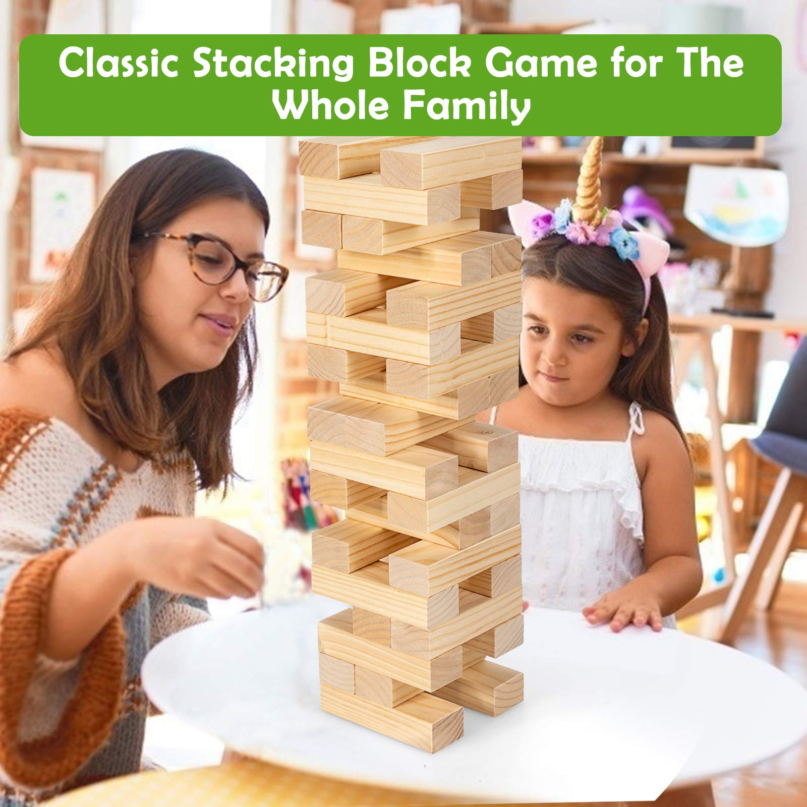 Costzon Giant Tumbling Timber Toy, 54 PCS Wooden Block Stacking Game w/ Convenient Carrying Bag, Natural