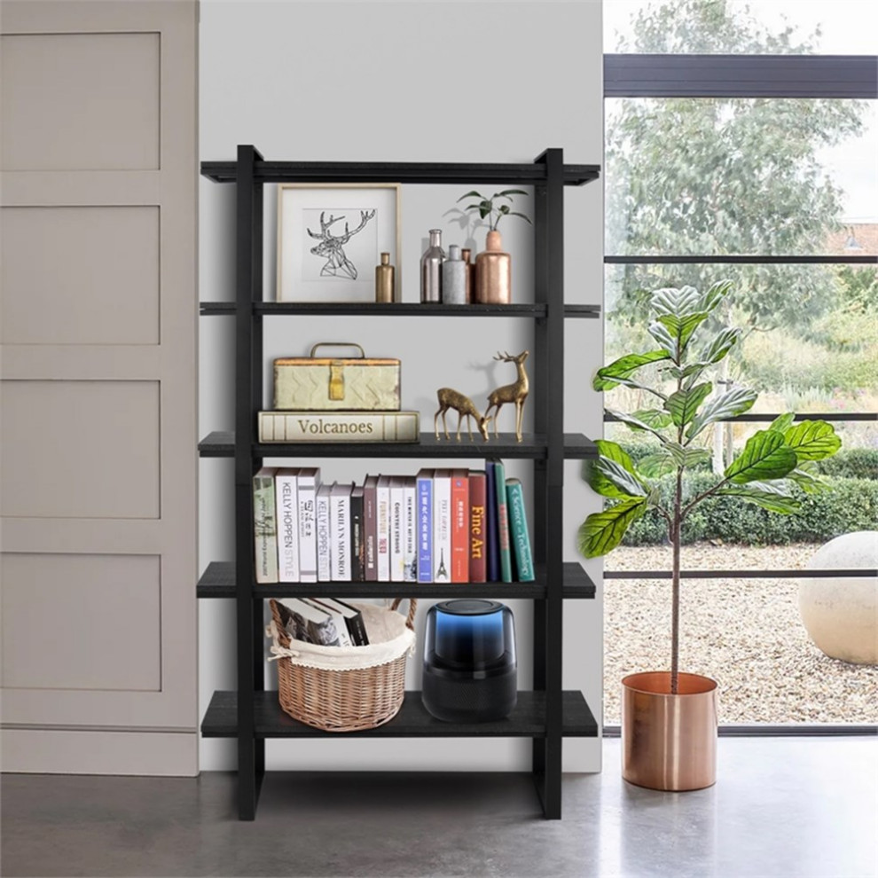 Homycasa 39.4 quotW Modern Wood Standard Bookcase Shelf in Black   Industrial   Bookcases   by Homesquare  Houzz