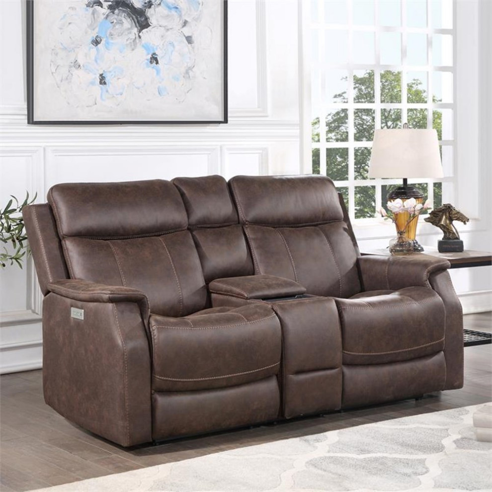 Bowery Hill Faux Leather Dual Power Reclining Console Loveseat in Mahogany   Contemporary   Loveseats   by Homesquare  Houzz