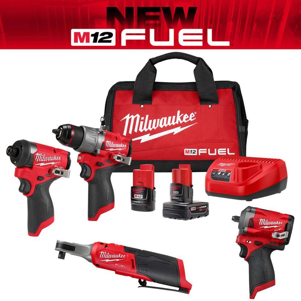 MW M12 FUEL 12-Volt Li-Ion Brushless Cordless Hammer DrillImpact DriverRatchet Combo Kit(3-Tool) w38 in. Impact Wrench 3497-22-2567-20-2554-20