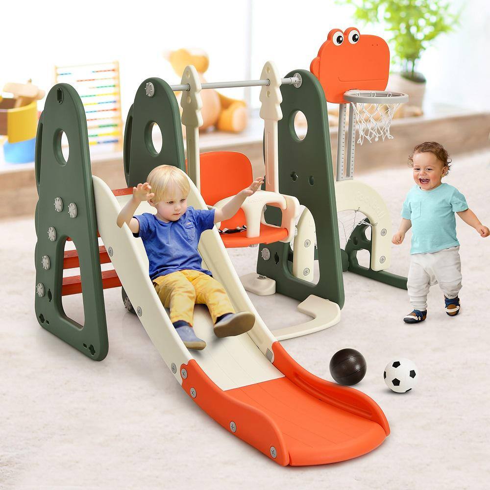 Costway 6-in-1 Toddler Slide and Swing Set Climber Playset with Ball Games Orange TY327935OR