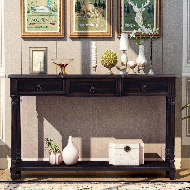 Console Table w/ Projecting Drawers and Long Shelf for Entryway，Brown