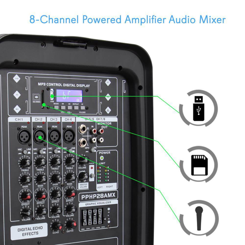 Pyle Stage and Studio 8 in. Bluetooth PA Loud Speaker and 8 Channel Audio Mixer PPHP28AMX