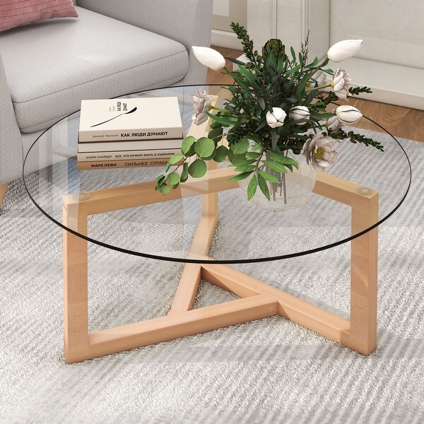 Round Glass Coffee Table with Tempered Glass Top and Sturdy Wood Base