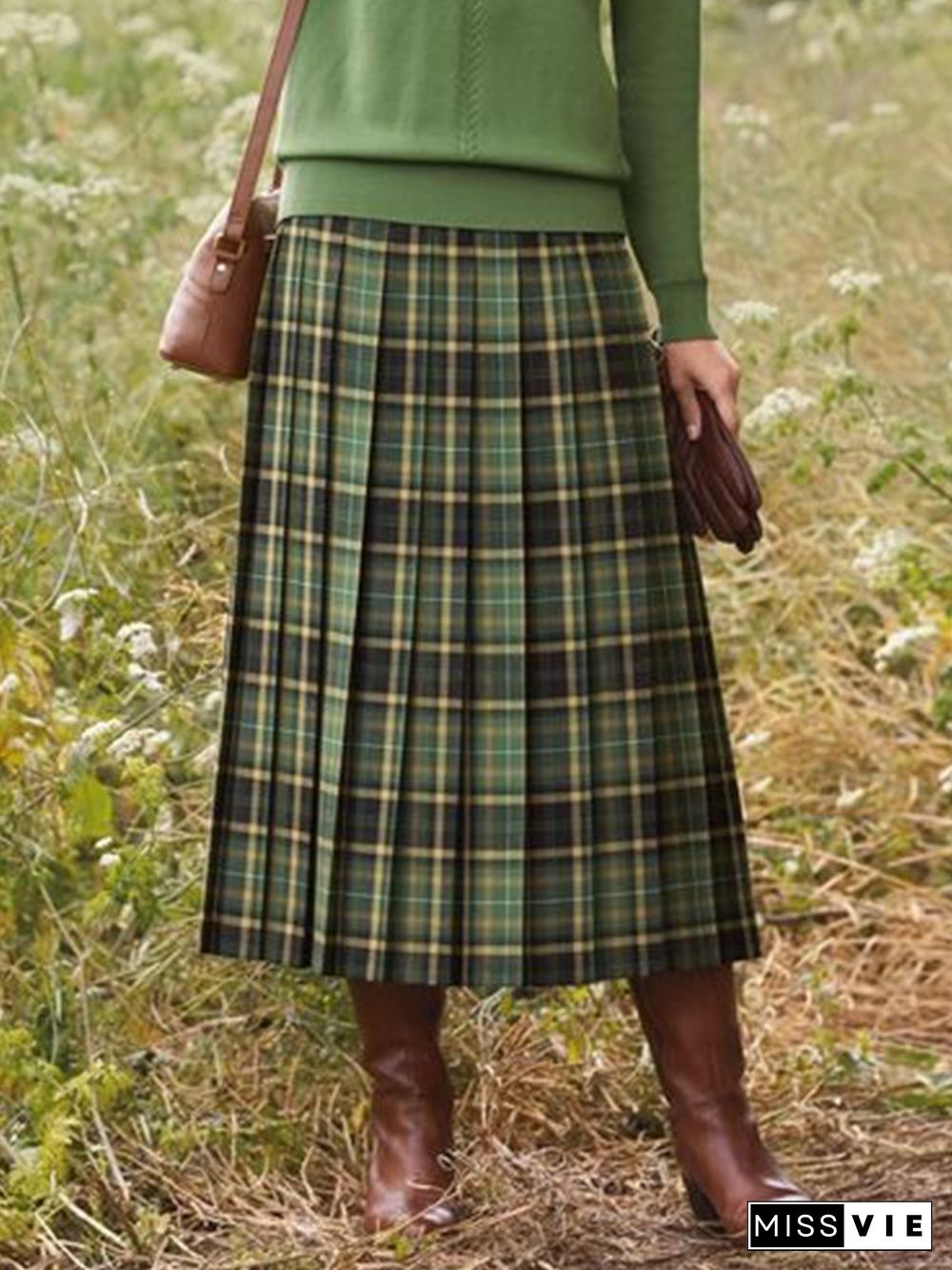 Green Plaid Printed Vintage Casual A-line Skirt