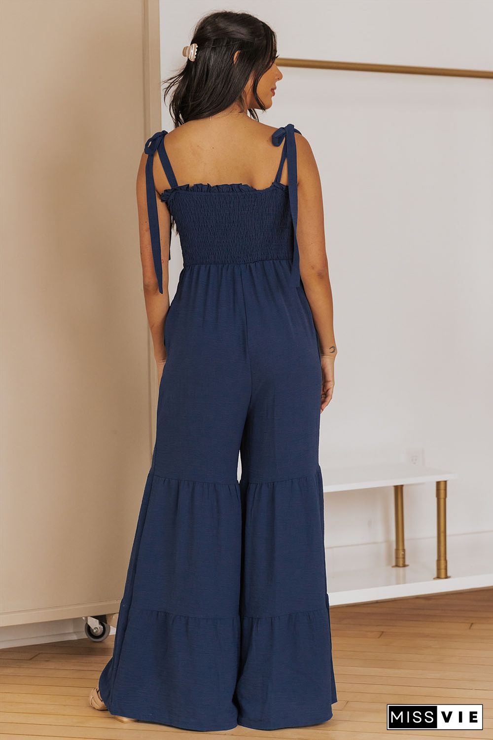 Blue Tie Straps Shirred Bodice Tiered Wide Leg Jumpsuit