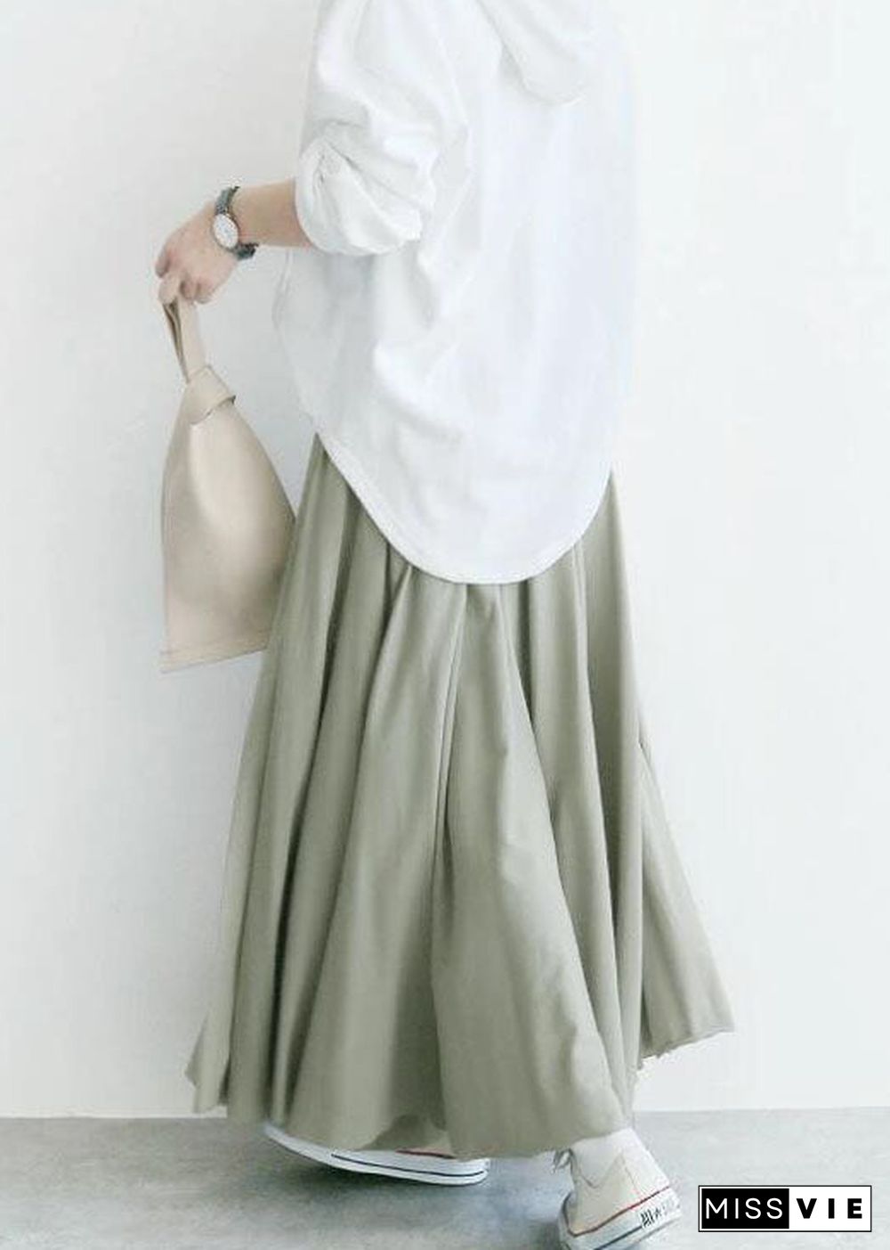 Elegant Light Green Wrinkled Exra Large Hem Cotton Skirt Spring