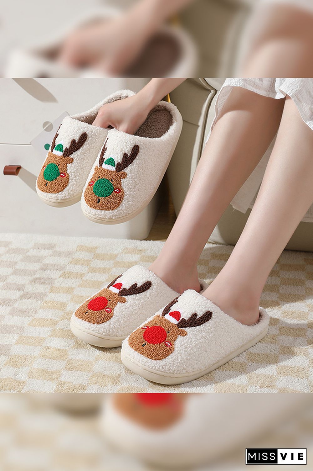 Christmas Cartoon Reindeer Fluffy Slippers