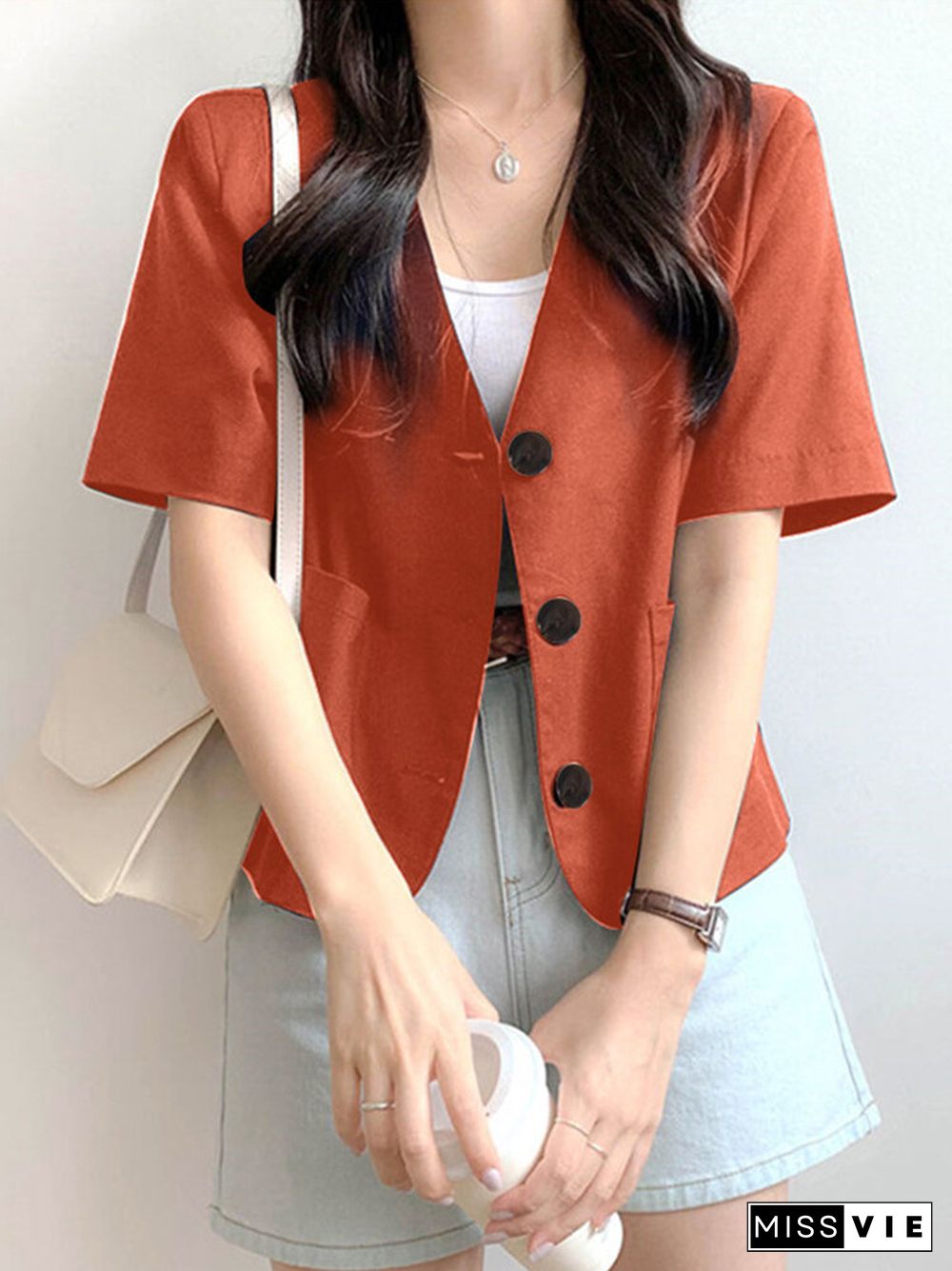 Solid Button Front Pocket Short Sleeve Lapel Blazer