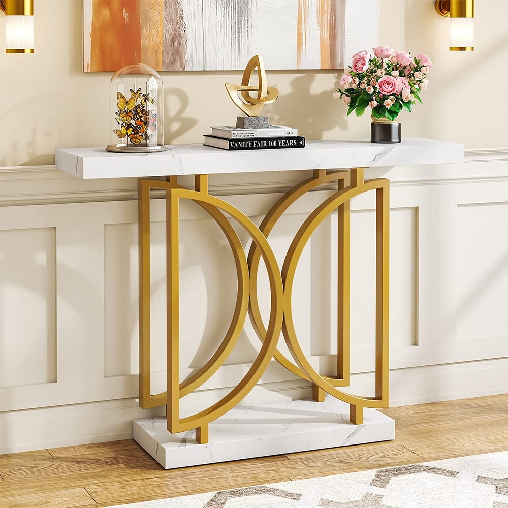 Gold Console Table  Faux Marble Entry Sofa Table for Hallway  Entryway