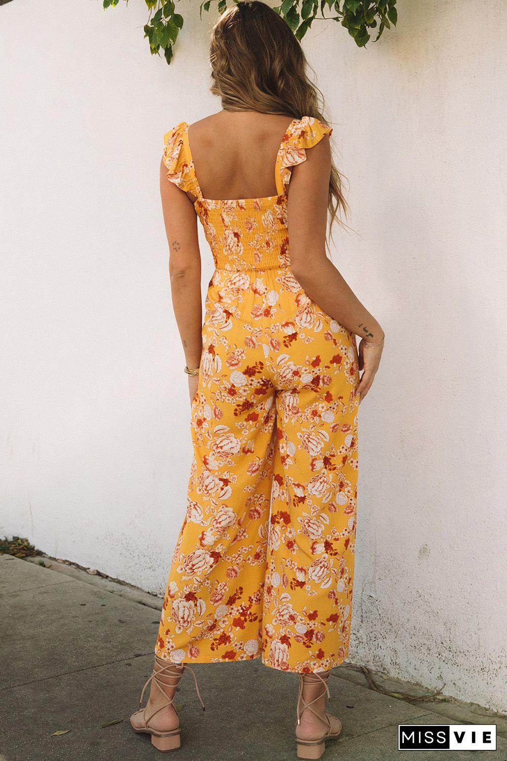 Yellow Floral Print Ruffle Shoulder Smocked Wide Leg Jumpsuit