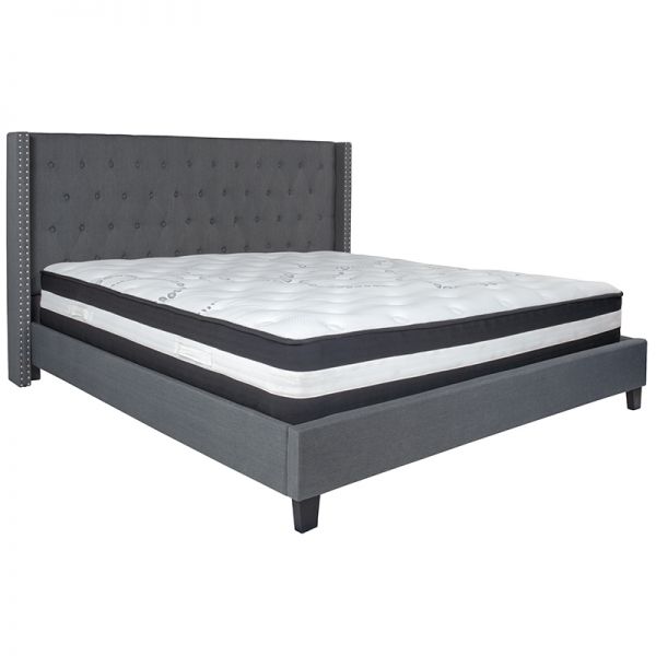 Riverdale King Size Tufted Upholstered Platform Bed in Dark Gray Fabric with Pocket Spring Mattress