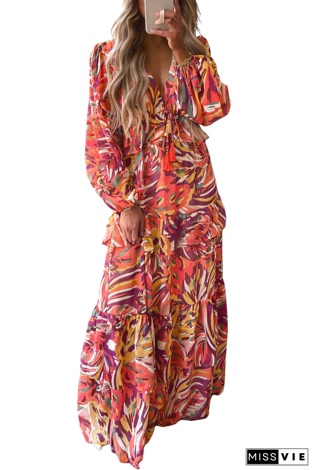 Multicolour Abstract Print Ruffle Tiered Puff Sleeve Maxi Dress