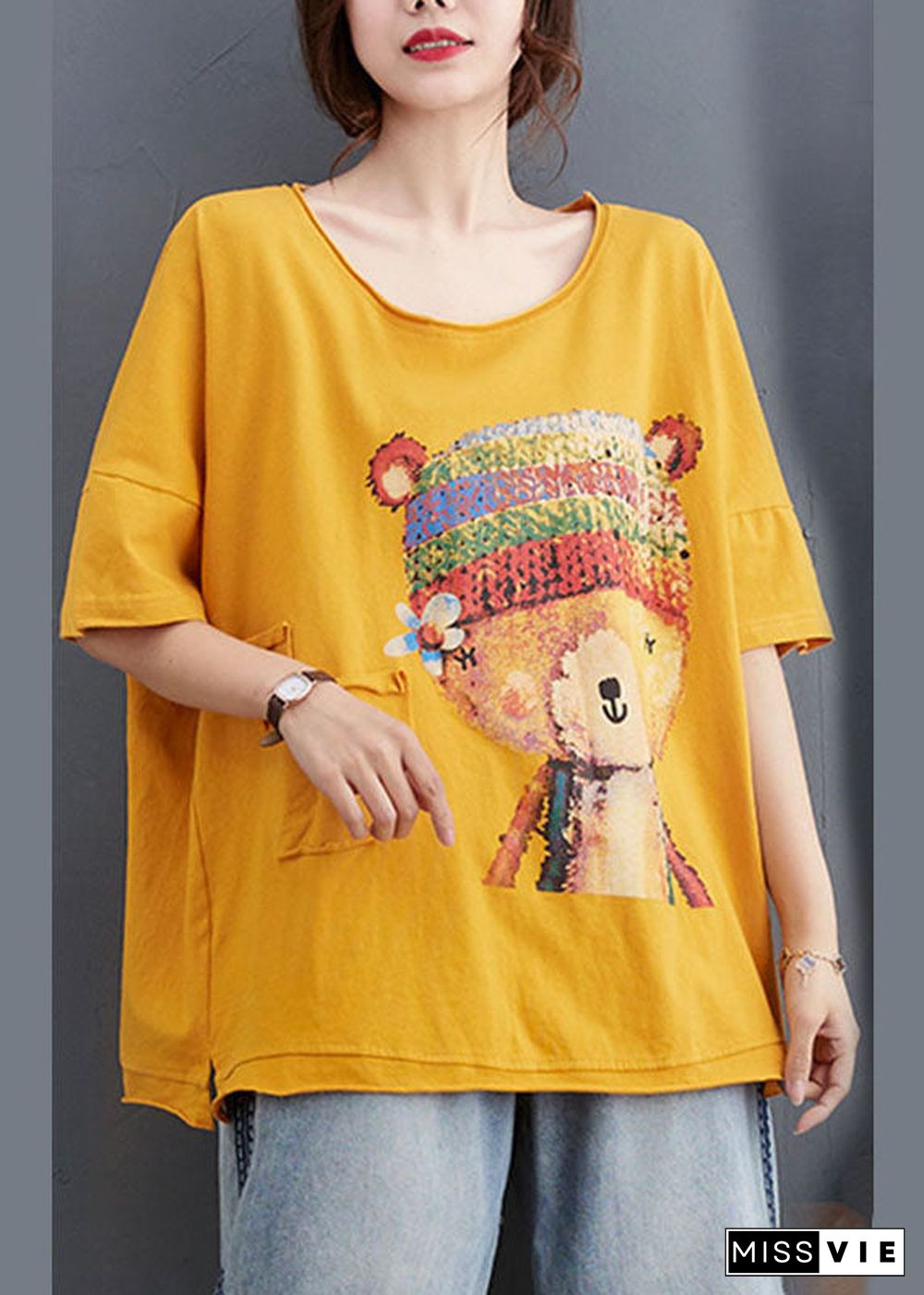 Fashion Yellow Loose O-Neck Print Fall Tees Half Sleeve