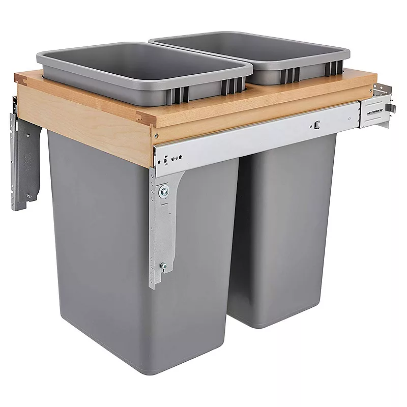 Rev-A-Shelf Double Pull Out Top Mount Trash Can 50 Qt， Grey， 4WCTM-2150BBSCDM-2