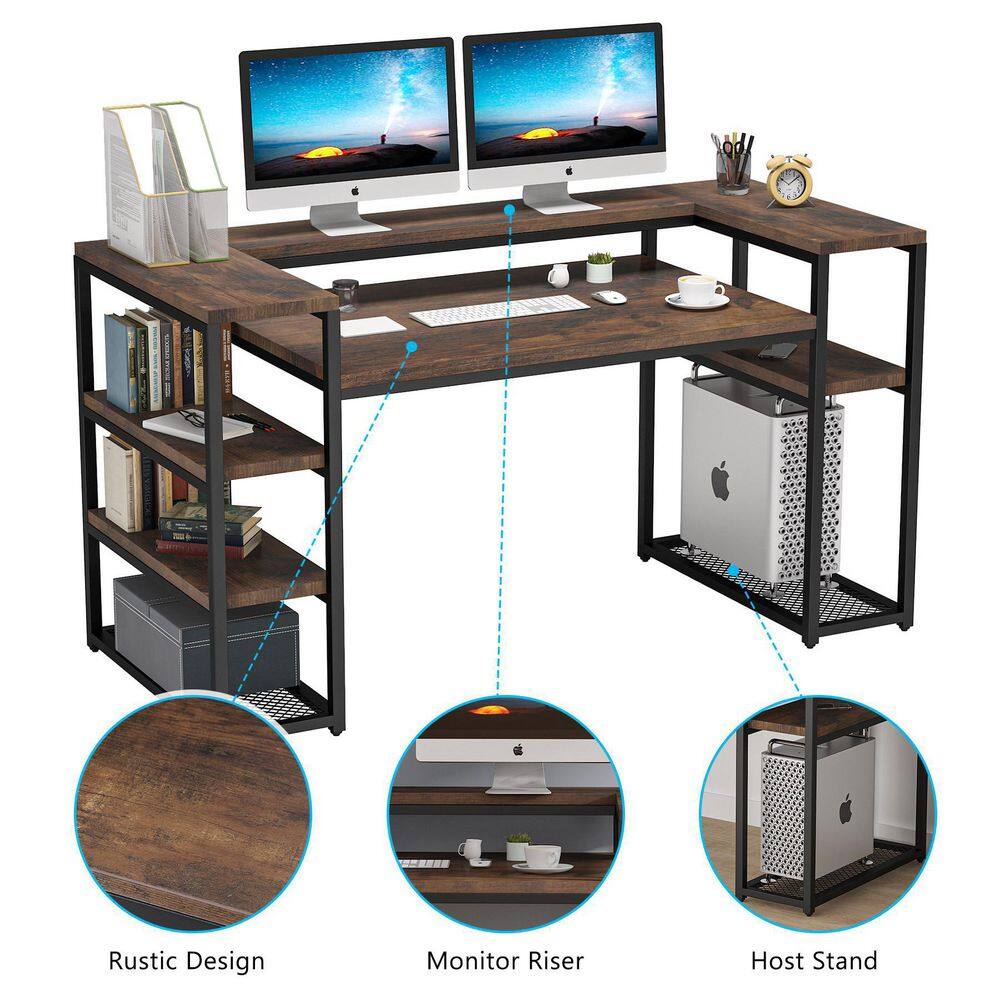 TRIBESIGNS WAY TO ORIGIN Heidi 63 in. Rectangular Black Metal Brown Particle Board Wood Computer Desk with Storage Shelves Monitor Printer Stand HD-F1352