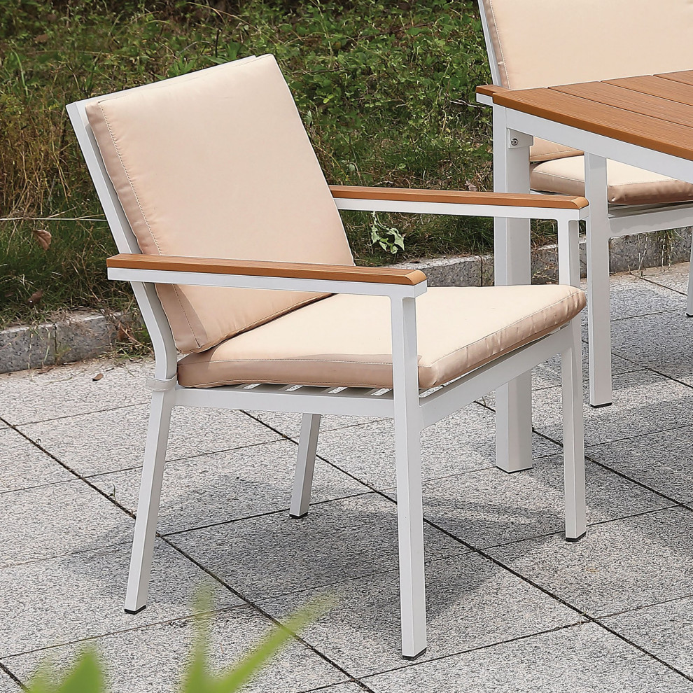 Set of 2  Patio Chair  White Aluminum Frame With Oak Arms and Removable Cushions   Contemporary   Outdoor Dining Chairs   by Declusia  Houzz