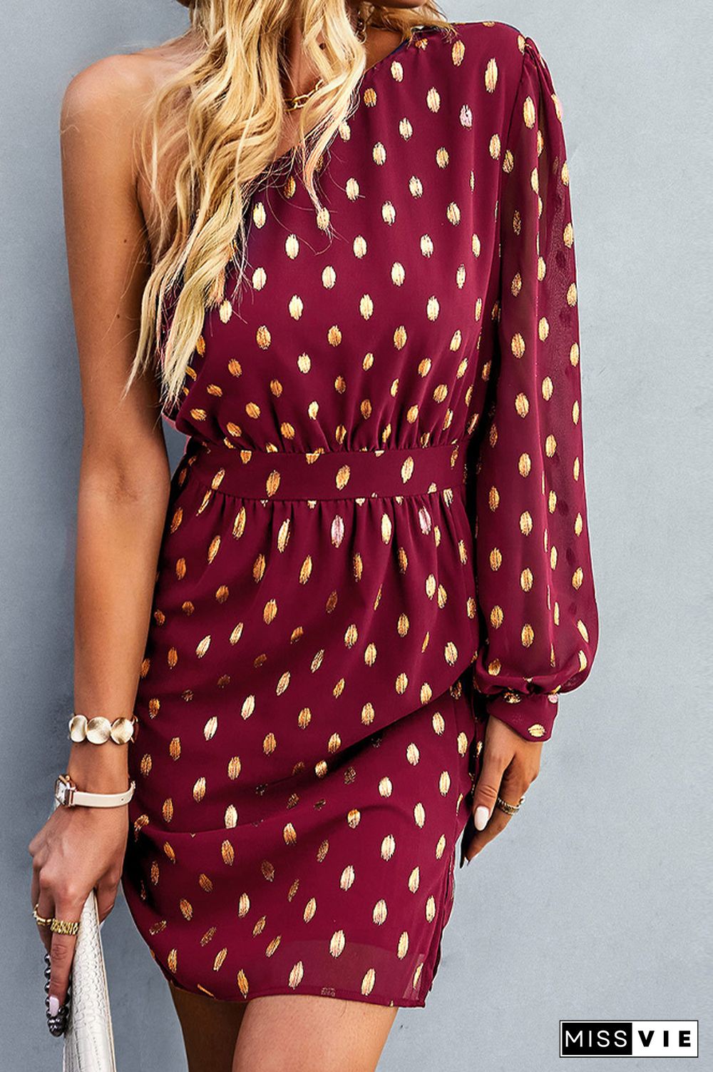 Foil Spot Print One Shoulder Long Sleeves Mini Dress