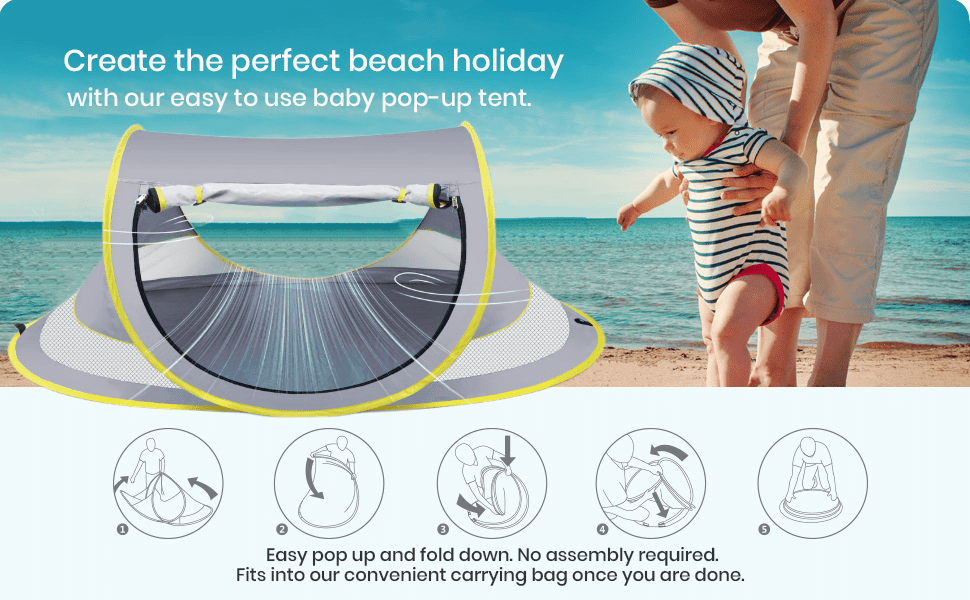 HDJ Baby Beach Tent， UPF 50+ Pop Up Beach Tent Sun Shelter， Easy Setup Play Tent for Travel， Mini Beach Tent for Kids Toddlers，Grey