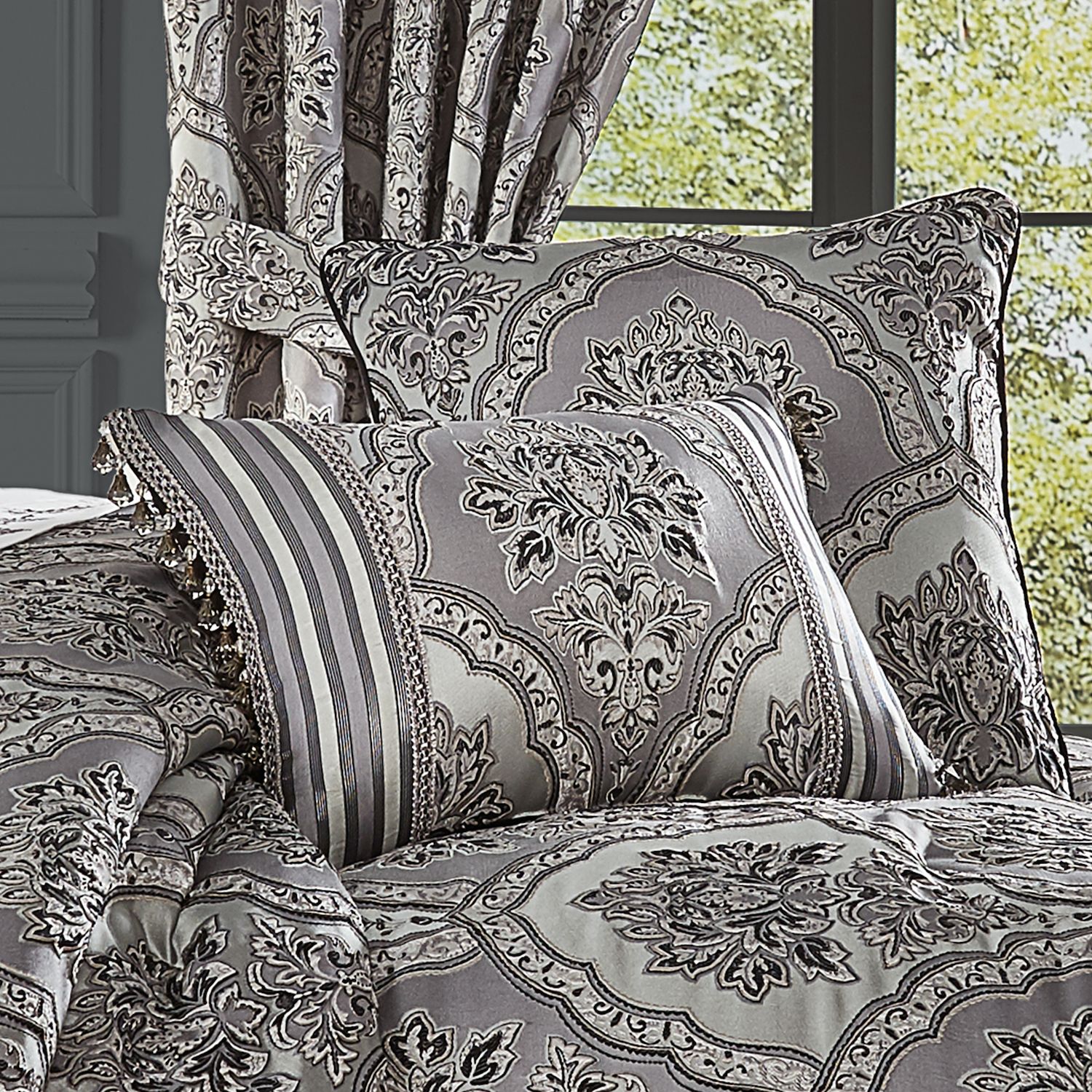 Five Queens Court Silverstone Silver Boudoir Decorative Throw Pillow