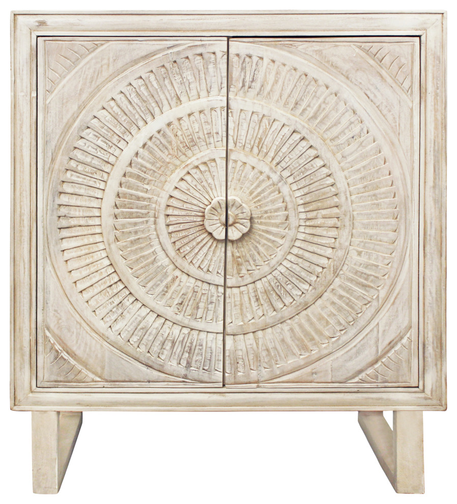 Albert Cabinet  2 Hand Carved Doors  White Distressed Finish   Farmhouse   Accent Chests And Cabinets   by Moti  Houzz