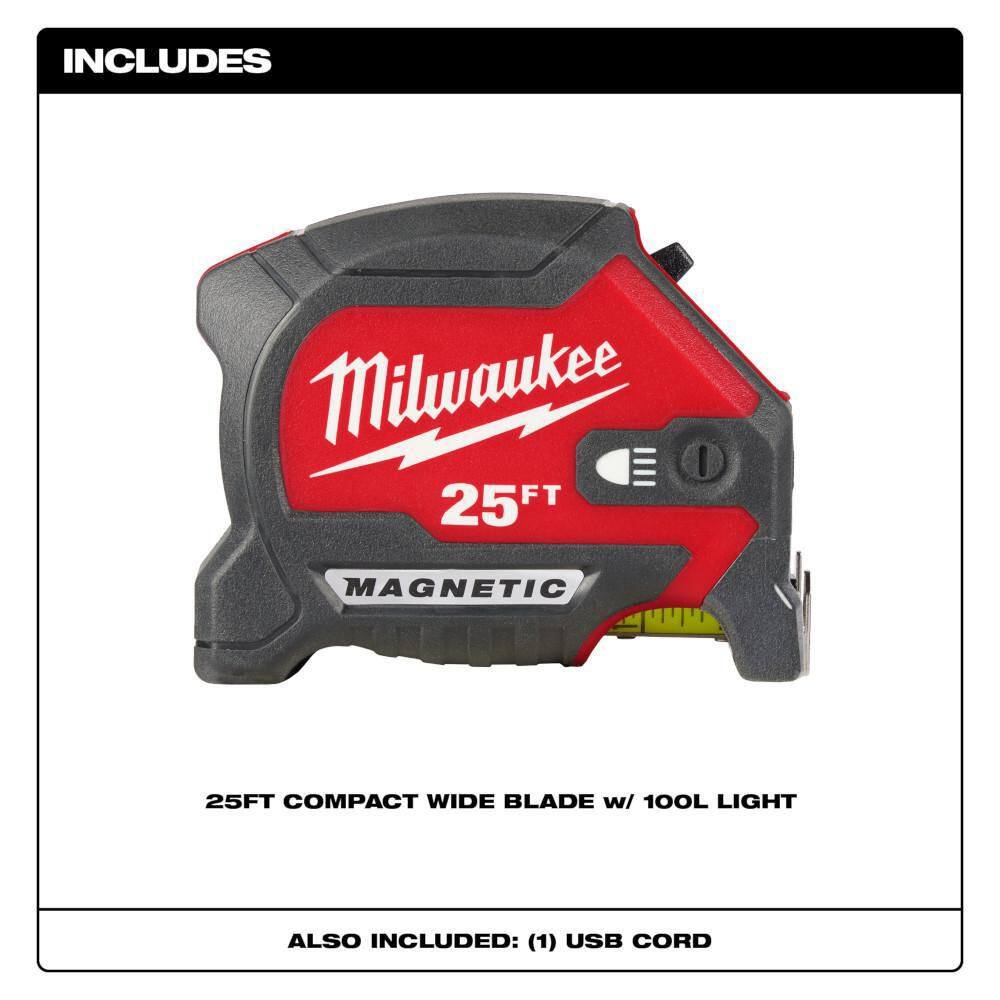 MW 25 ft. x 1-116 in. Compact Wide Blade Tape Measure with LED 48-22-0428