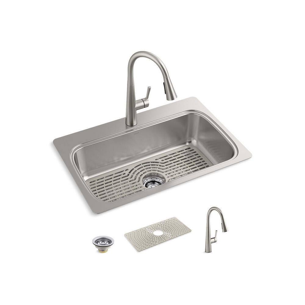 KOHLER Verse Stainless Steel 33 in. Single Bowl Drop-In Kitchen Sink with Faucet K-RH20060-1PC-NA