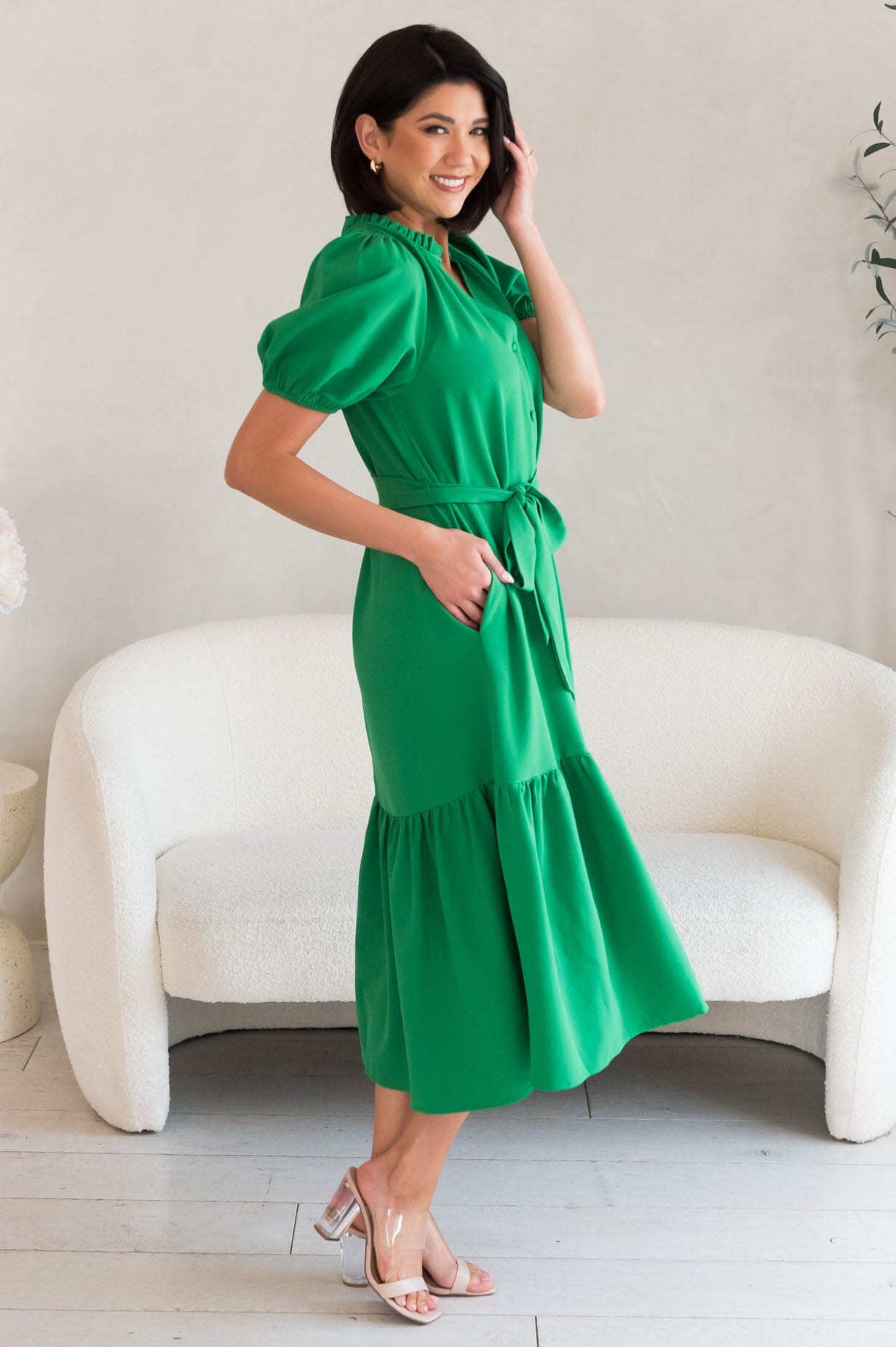 Alaska V-neck puff sleeve spring dress-vibrant green