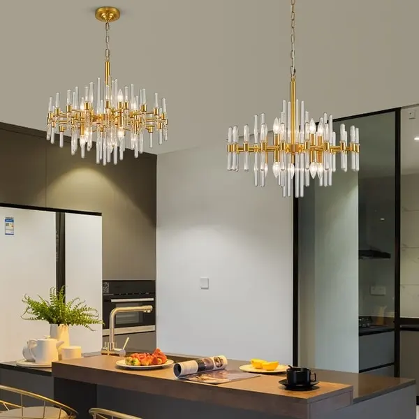 24 in. Gold Modern Crystal Chandelier 10-Light Drum Crystal Glass Chandelier Kitchen Island Pendant Lighting for Dining Room