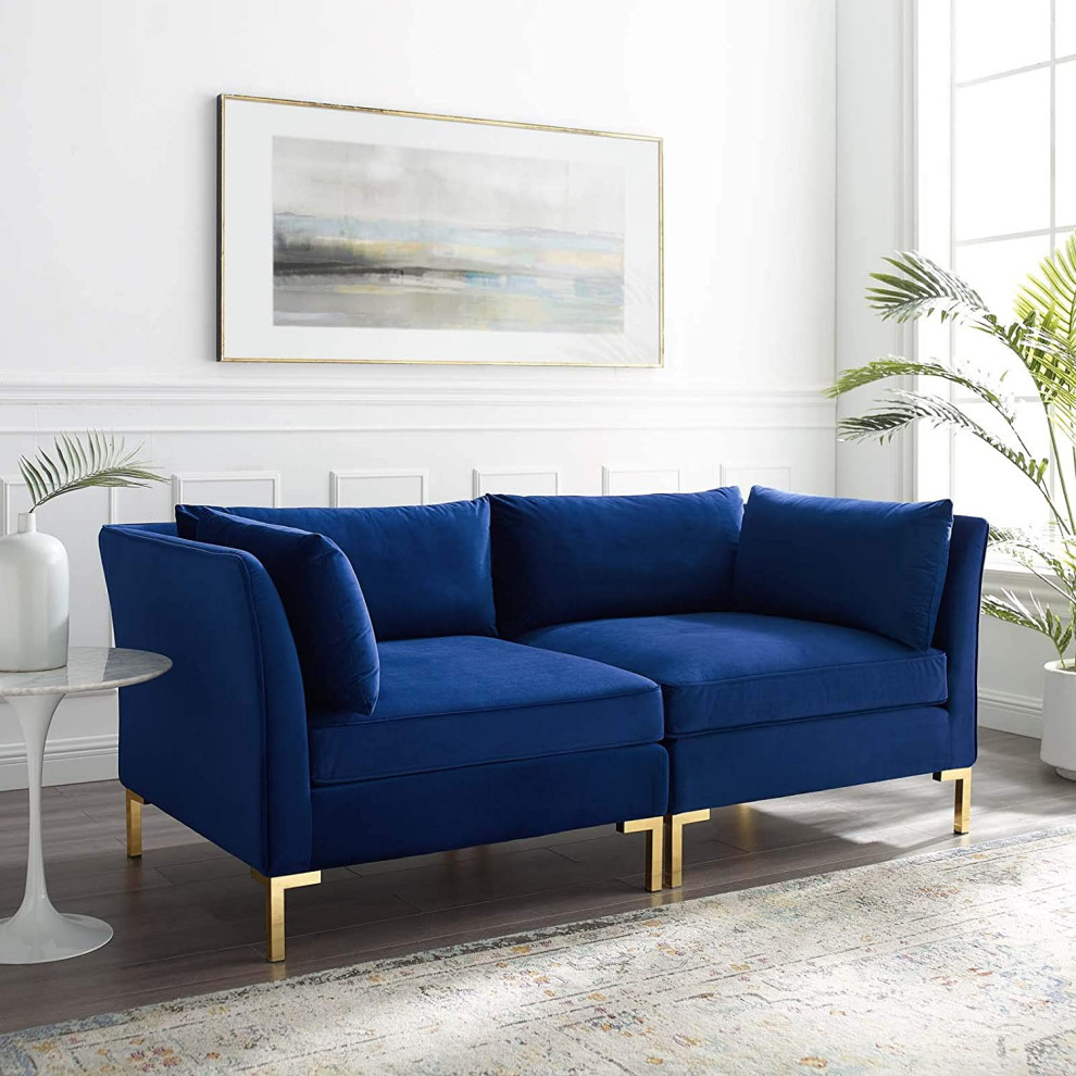 Modern Loveseat  Golden Metal Legs With Velvet Padded Seat  ampPiping Accent   Contemporary   Sofas   by Declusia  Houzz