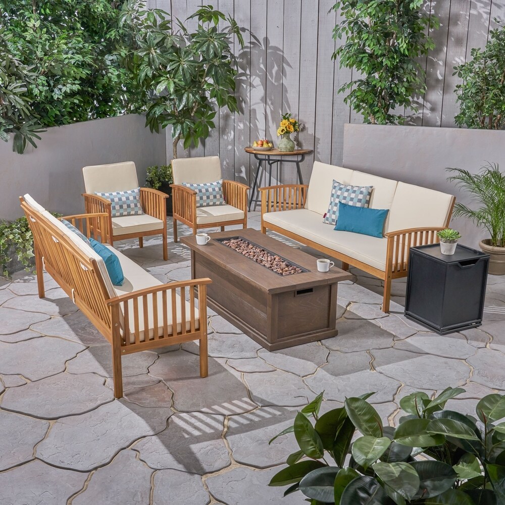 Carolina Outdoor 6 Piece Acacia Wood Sofa Conversational Set with Fire Pit by Christopher Knight Home