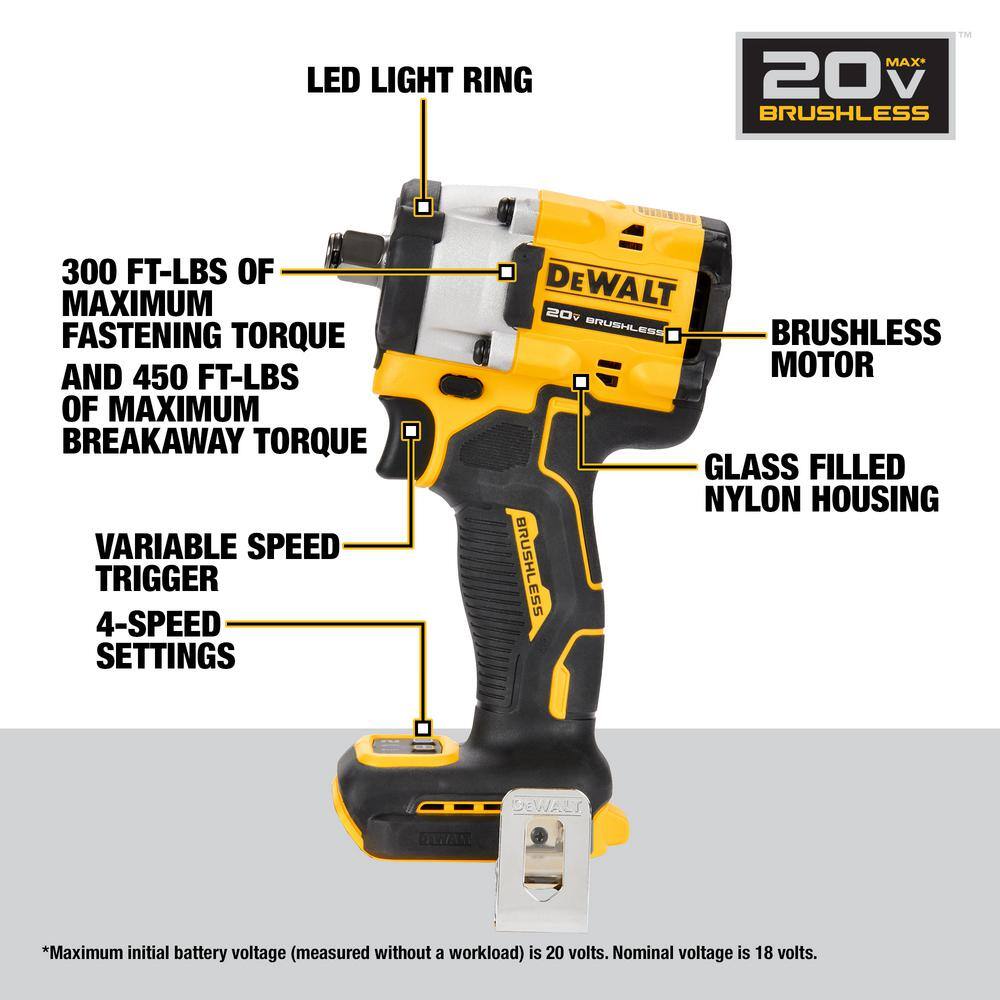 DW ATOMIC 20V MAX Cordless Brushless 12 in. Variable Speed Impact Wrench (Tool Only) DCF921B