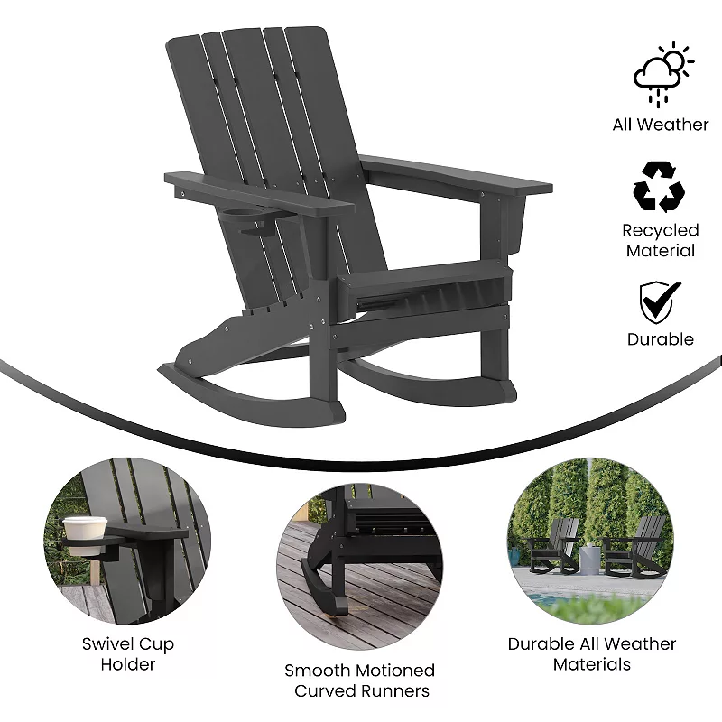 Emma and Oliver Haley Set of 2 Adirondack Rocking Chairs with Cup Holders， Weather Resistant HDPE Adirondack Rocking Chairs