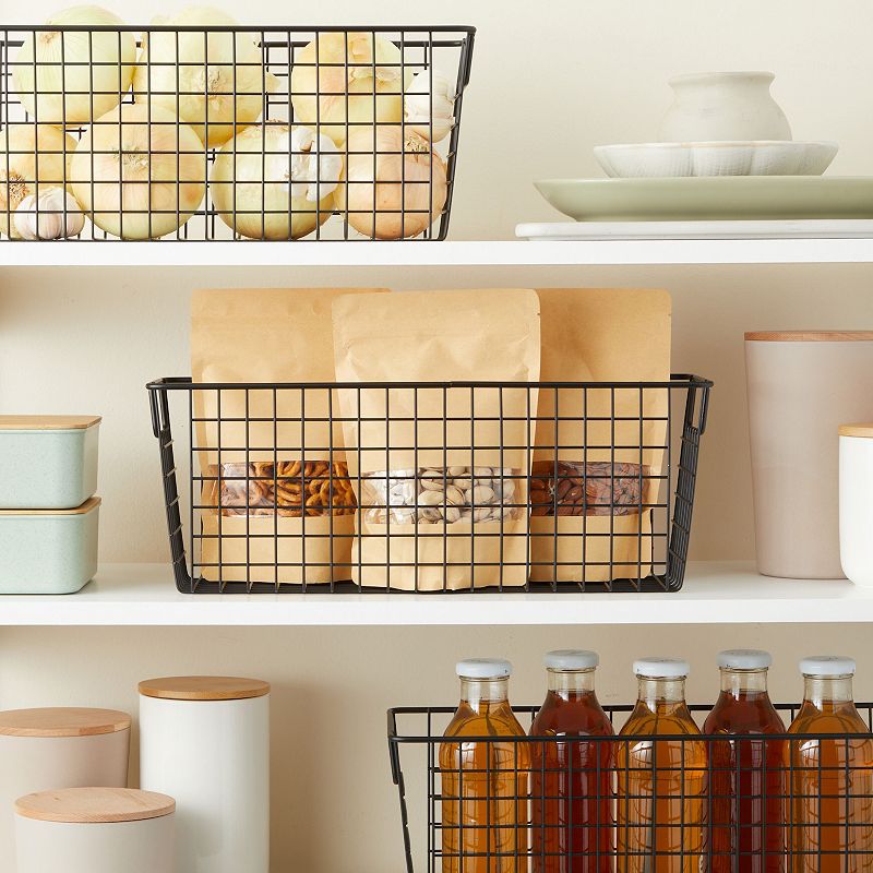 3 Pack Metal Wire Storage Baskets for Shelves， Pantry， Closet， Long Narrow Organizer Bin (Black， 16 x 6 x 6 In)