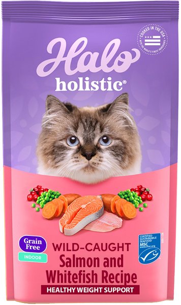 Halo Holistic Indoor Wild-Caught Salmon and Whitefish Recipe Complete Digestive Health and Healthy Weight Support Grain-Free Adult Dry Cat Food