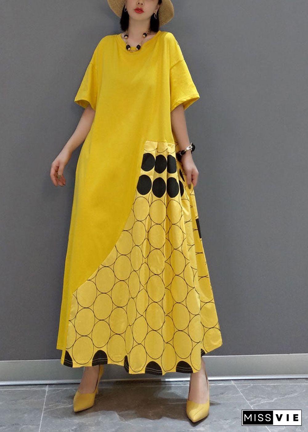 Italian Yellow O-Neck wrinkled Patchwork Maxi Dresses Spring