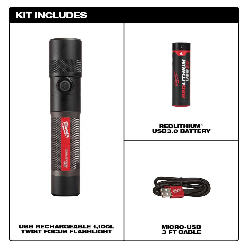 MW 1100 Lumens LED USB Rechargeable Twist Focus Flashlight with REDLITHIUM USB Charger and Portable Power Source Kit 2161-21-48-59-2013