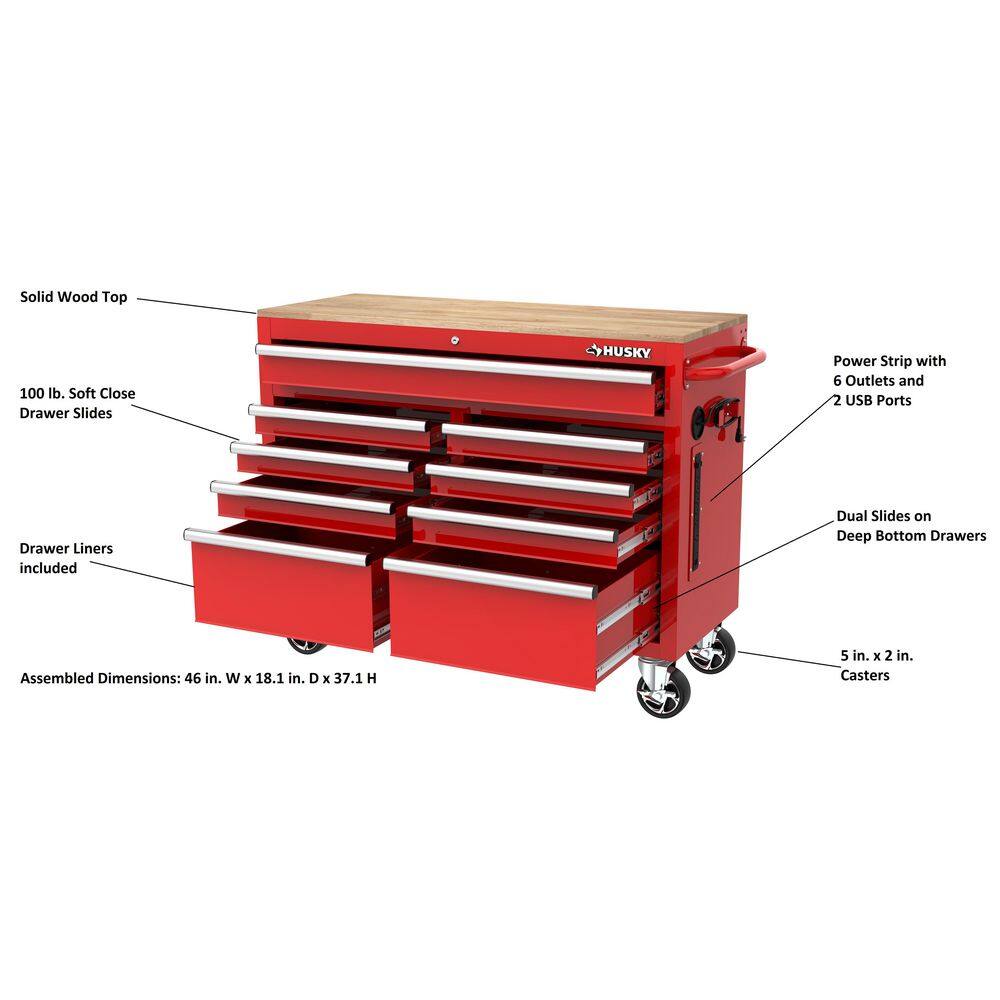 Husky 46 in. W x 18 in. D 9-Drawer Gloss Red Mobile Workbench Cabinet with Solid Wood Top H46X18MWC9RED