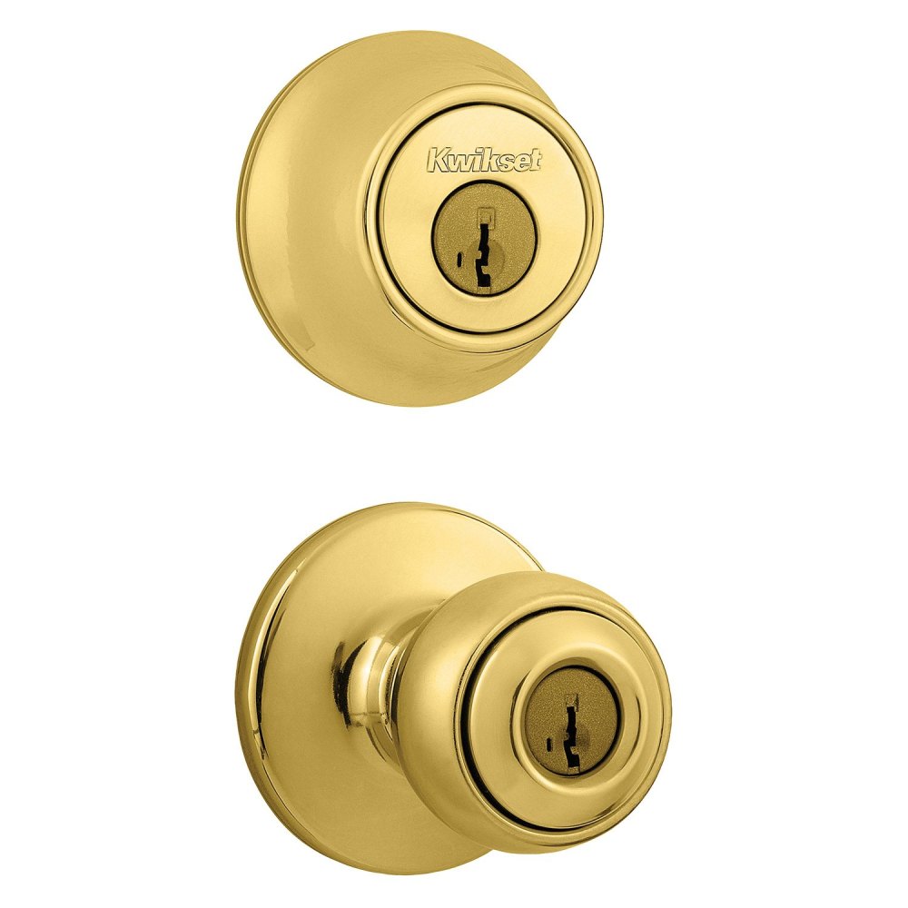 Polished Brass Polo Door Knob and Single Cylinder Deadbolt Set ;